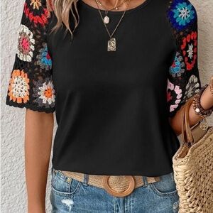 Vici Black Top with Colorful Crochet Patchwork Short Sleeves
